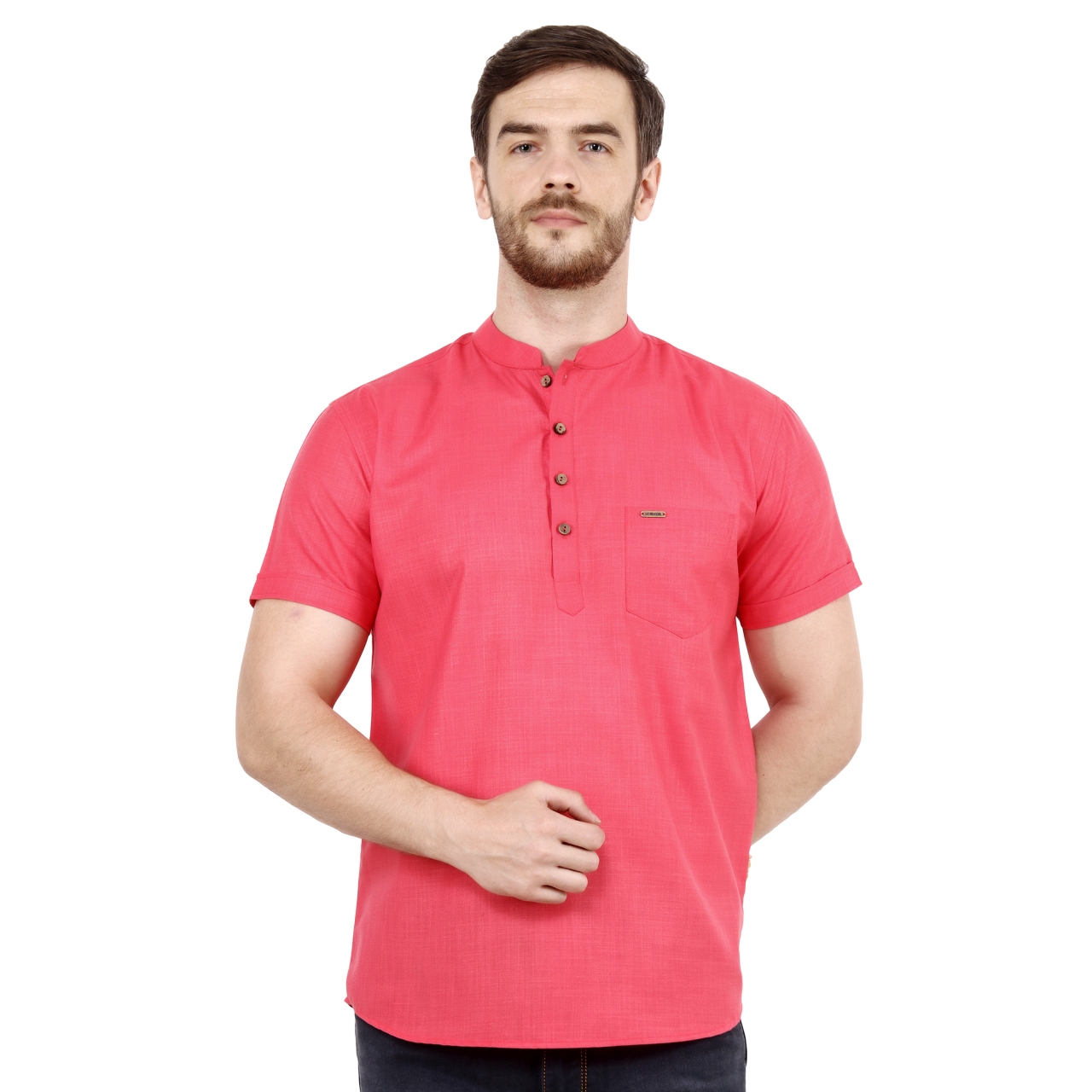 Mens Cherry Pink Solid Straight Kurta